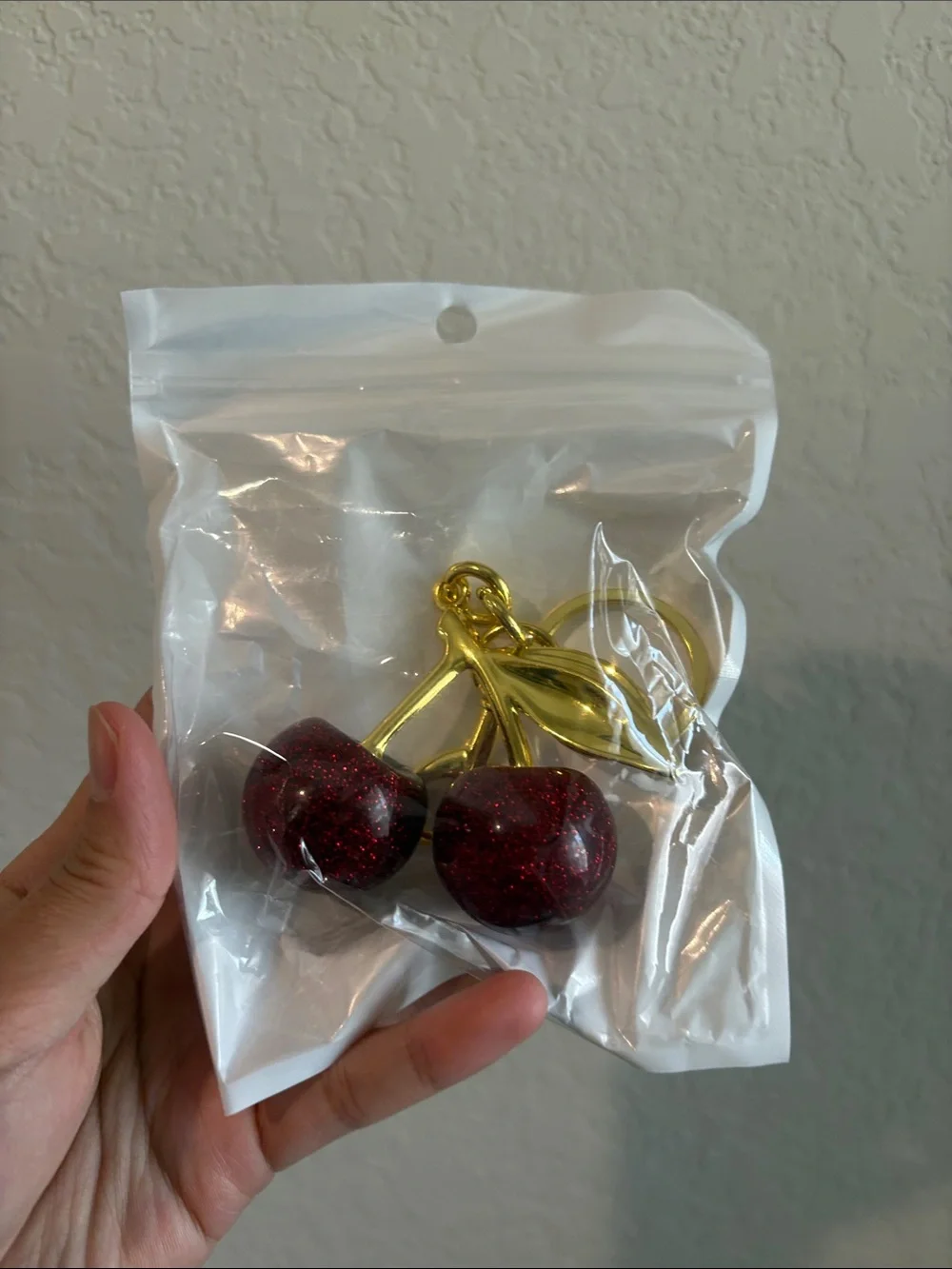 NWOT Gold Cherry Keychain Bag Charm with Red Glitter Cherries
